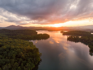 Fototapeta na wymiar Aerial View of Sunset on Lake Chatuge, North Carolina