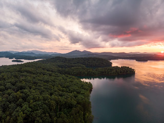 Fototapeta na wymiar Aerial View of Sunset on Lake Chatuge, North Carolina