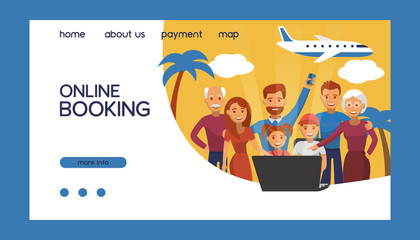 Airline tickets online booking vector illustration. Book online tickets. Travel, business flights worldwide. Happy family with grandparents and chilfdren making ticket reservation on notebook.