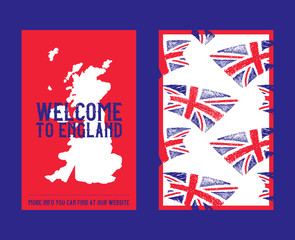 Flag of England, United Kingdom with brush stroke or paint pattern and english map vector illustration. Great Britains flags two sides banner for travel guide cover.