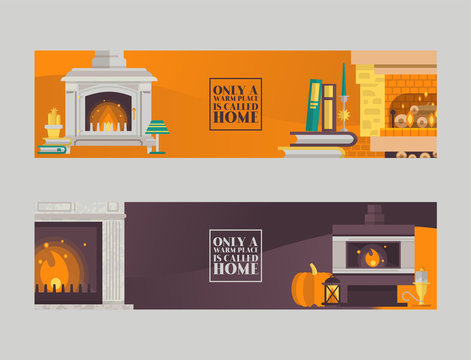 Fireplace in cozy home living room interior vector illustration. Lamps,books, pumpkin near fire place with flame burning in cartoon flat style.