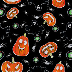 Happy Halloween pattern. Hand drawn, halloween background, pumpkins, ghosts, eyeballs, spiders. Design for halloween party, gift paper, wallpaper, covering design.