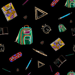 Hand drawn watercolor pattern illustration of the school office. Back to school concept. School supplies background