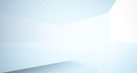 Abstract architectural white smooth interior of a minimalist house with large windows.. 3D illustration and rendering.