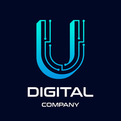 The U letter 3 dimensions or 3D with dot and technology symbol on dark blue background in the style of modern. This logo is suitable for industrial, mechanical, connection, business and automotive.