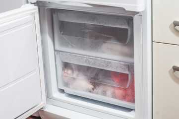 The freezer filled with multi-colored useful products and vitamins for the winter. - obrazy, fototapety, plakaty