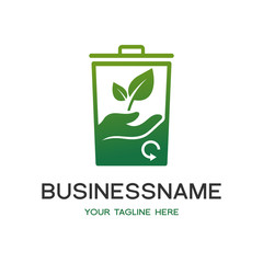 Vector logo with leaf and trash can symbol. Design with circle arrow. Green color with gradient and modern, pictogram. This logo is suitable for nature, environment, eco and natural business