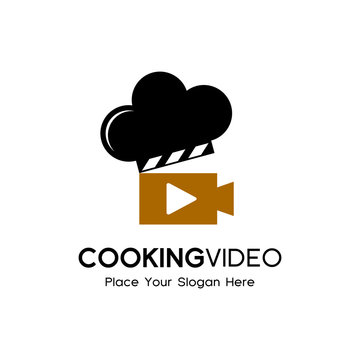Cooking video vector logo template. Logo with hat chef and film and play symbol.  This logo is suitable for business, restaurant,kitchen, blog, television and recipe, recorder.