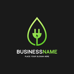 Eco Energy Vector Logo with leaf symbol. Green color with flash or thunder graphic. Nature and electricity renewable. This logo is suitable for technology, recycle, organic, plug.