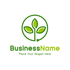 Eco Energy Vector Logo with leaf and power symbol. Green color. Nature and electricity renewable. This logo is suitable for technology, recycle, organic, plug.