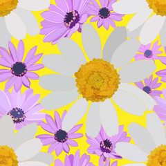 delicate floral seamless pattern of large white and small lilac daisies on yellow background