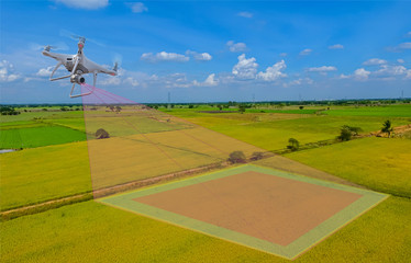 Fototapeta na wymiar Smart farmer use drone for various fields. Drone for agriculture and use for various field. Drone copter flying with digital camera. Drone with high resolution digital camera.