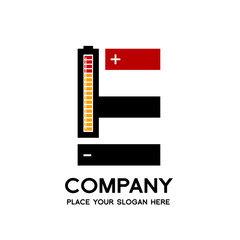 Letter E battery vector logo template. Alphabet graphic with current positive and negative symbol. Black, red and yellow color. This logo is suitable for electric, technology, power and energy supply.