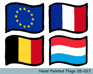 手描きの旗アイコン,欧州旗,フランスの国旗,ベルギーの国旗,ルクセンブルクの国旗 Flag of the EU, France, Belgium, Luxembourg, hand drawn isolated vector icon.