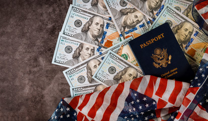 Fototapeta premium American Passport Close Up american dollars money of USA Flag.