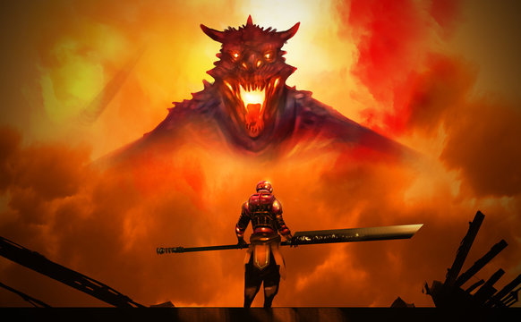 Digital illustration painting design style a man in Hi tech Armour suit hold sword standing against the Dragon in big explosion.