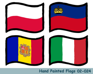 手描きの旗アイコン,ポーランドの国旗,リヒテンシュタインの国旗,アンドラの国旗,イタリアの国旗 Flag of the Poland, Liechtenstein, Andorra, Italy, hand drawn isolated vector icon.