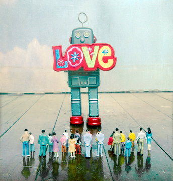 retro robot holding a bright colorful cloch love sign t