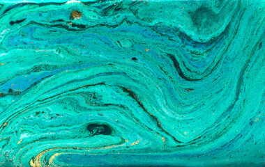 Blue, green and gold marbling pattern. Golden powder marble liquid texture.