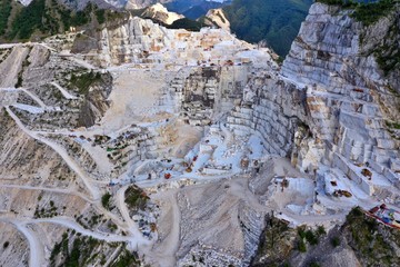 Aerial view of mountain of stone and marble quarries in the regional natural park of the Apuan Alps...