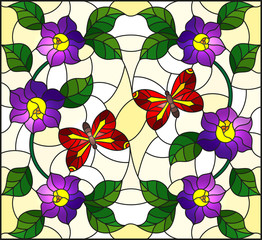 Illustration in stained glass style with abstract curly purple flower and a red butterfly on yellow background
