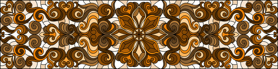 Illustration in stained glass style with abstract flowers, swirls and leaves  on a light background,horizontal orientation, sepia