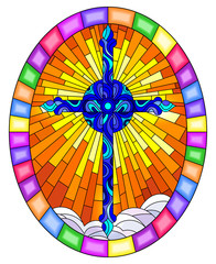 Illustration in stained glass style with bright blue  cross on a background of orange sky and clouds, oval image in bright frame 