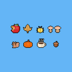 Pixel art cartoon autumn icon set.8bit.