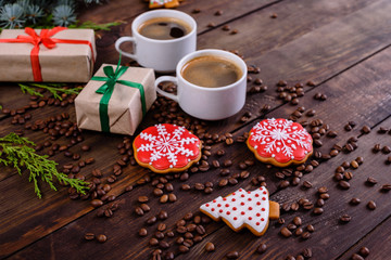 Christmas morning with fragrant coffee, gifts, gingerbreads and the festive atmosphere