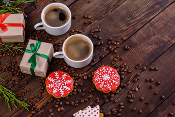 Christmas morning with fragrant coffee, gifts, gingerbreads and the festive atmosphere