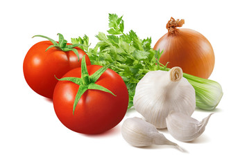 Isolated ingredients for homemade tomato sauce, onion, celery, garlic