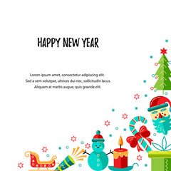 Fototapeta na wymiar Merry Christmas and Happy New Year card vector illustration. Place for text. Great for New Year party invitation, christmas fair, flyer, banner, poster. Flat and line style design.