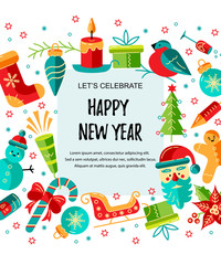 Obraz premium Wesołych Świąt i szczęśliwego nowego roku karty ilustracji wektorowych. Miejsce na tekst. Świetne na zaproszenie na przyjęcie noworoczne, kiermasz świąteczny, ulotka, baner, plakat. Płaski i liniowy design.