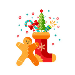 Merry Christmas and Happy New Year card vector illustration. Design element isolated on white background. Great for flyer, decoration, postcard, banner, poster. Flat and line style design.