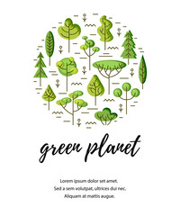 Vector illustration with trees. Place for text. Ecological concept. Template for flyer, poster, invitation, Earth day. Flat and line style design. Circle concept.