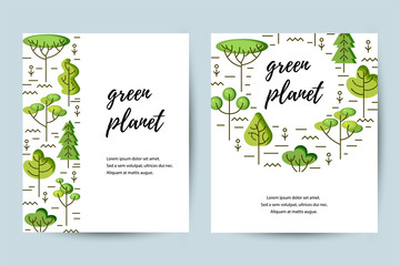 Vector illustration with trees. Place for text. Ecological concept. Template for flyer, poster, invitation, web, announcement. Flat and line style design.