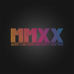 Happy New Year and Merry Christmas slogan number 2020 logo Roman numerals (MMXX), an original greeting card or poster, banner, party invitation emblem linear monogram, modern gradient color.