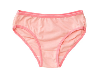 Beautiful pink women's panties isolated on white background. Underwear. The view from the top.