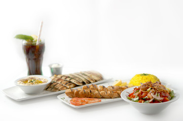 Meals chicken Beef Kabab with Hummus, pita bread, salad and rice 