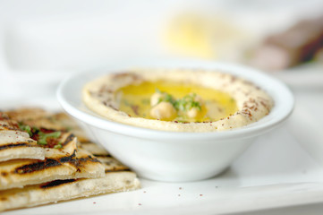 Meals chicken Beef Kabab with Hummus, pita bread, salad and rice 