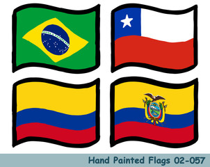 手描きの旗アイコン,ブラジルの国旗,チリの国旗,コロンビアの国旗,エクアドルの国旗 Flag of the Brazil, Chile, Columbia, Ecuador, hand drawn isolated vector icon.