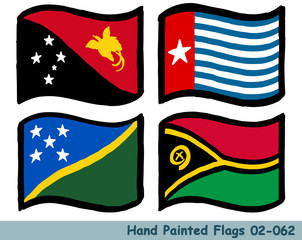 手描きの旗アイコン,パプアニューギニアの国旗,西パプアの旗,ソロモン諸島の国旗,バヌアツの国旗 Flag of the Papua New Guinea, Papua, Solomon Islands, Vanuatu, hand drawn isolated vector icon.