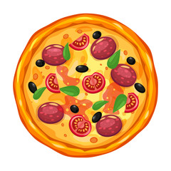 Fresh pizza with different ingredients tomato, cheese, olive, sausage basil