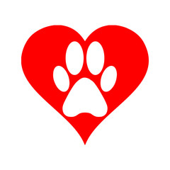 White silhouette of a paw footprint, inside red heart