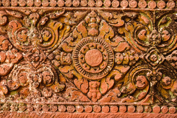 Art of pink sandstone carving of ancient Khmer architecture Phanom Rung Stone Castle Buriram Province, Thailand