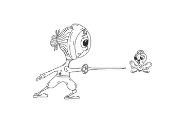 Swordsman in attack with the foil, women's athletic nature, sport, active sports and healthy lifestyle. vector illustration in cartoon style.