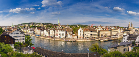 Fototapeta na wymiar Panoramic View Cityscape of Zurich City, Switzerland, Business Downtown and Financial District of Swiss., Architecture Building in Old Town of Zurich Metropolis, Travel Destination of Europe