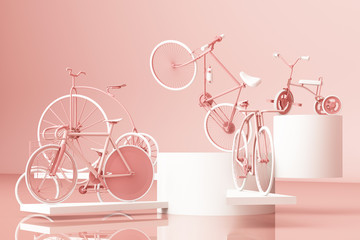 Many bicycle on platform with pink background. Retro bike. 3d rendering