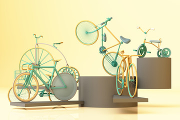 Many bicycle on platform with yellow background. Retro bike. 3d rendering