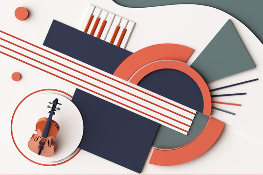 Violin and music instrument concept, Abstract composition of geometric shapes platforms in orange and blue tone. 3d rendering